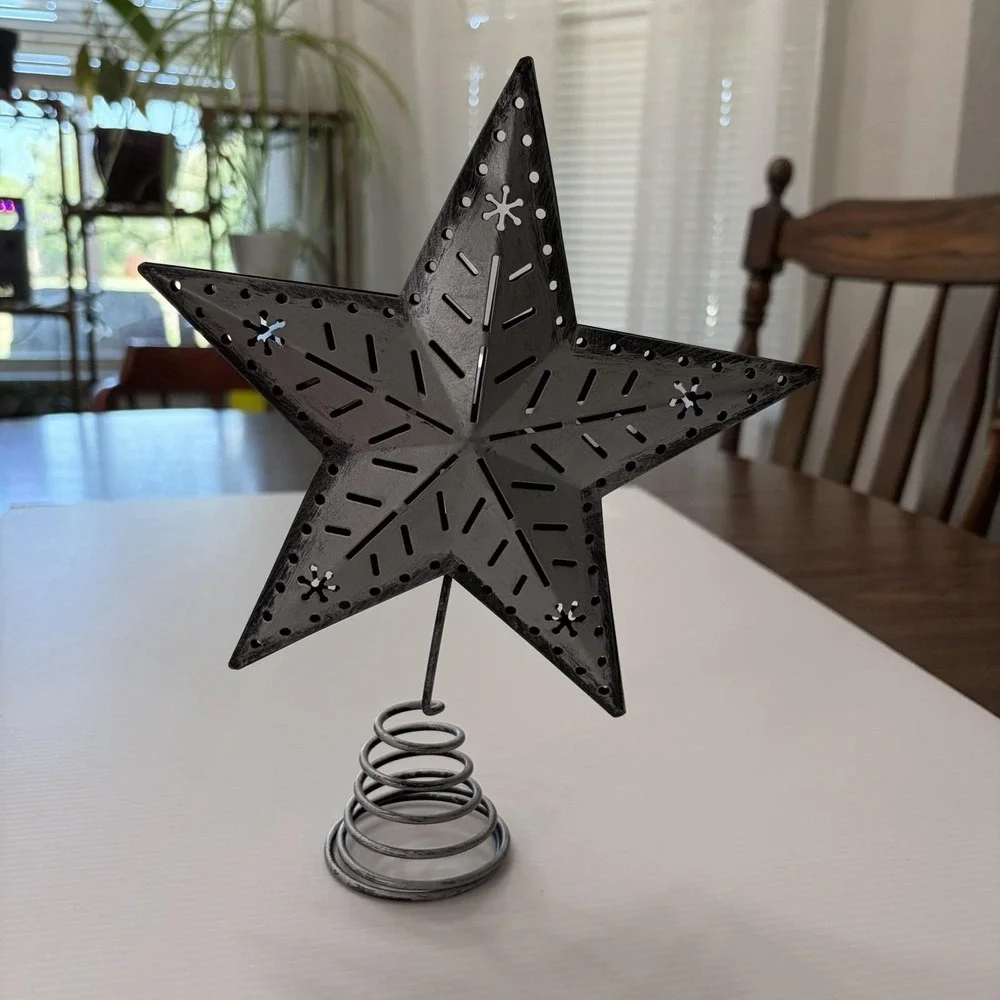 Vintage 1990s Tree Topper Silver Metal Star Spring Base Rustic Christmas